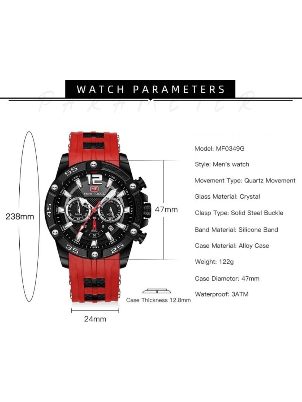 Men's All Red Analog Quartz Waterproof Chronograph Classic Stylish Casual Watch - Picture 5 of 5